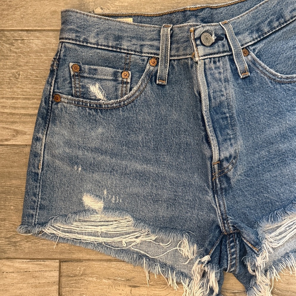Levi's 501 Distressed Cutoff Denim Shorts - Medium Wash Blue - Picture 2 of 7